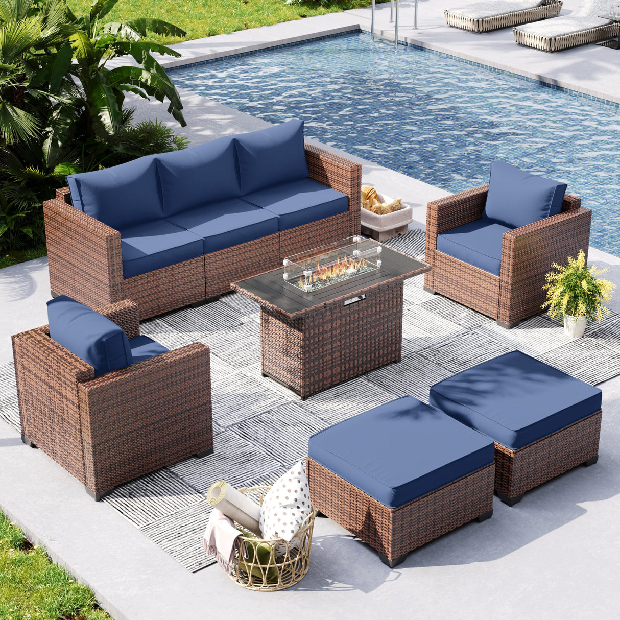 UDPATIO Patio Furniture Set with Fire Pit Table, 6 Pieces Outdoor Conversation Sectional Furniture Sets Wicker Rattan Outdoor Sofa Ottoman with Waterproof Covers for Porch Deck Backyard Blue UDPATIO