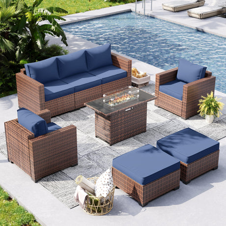 UDPATIO Patio Furniture Set with Fire Pit Table, 6 Pieces Outdoor Conversation Sectional Furniture Sets Wicker Rattan Outdoor Sofa Ottoman with Waterproof Covers for Porch Deck Backyard Blue UDPATIO