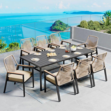 9 Pieces Patio Dining Set, 8 x Woven Rattan Chairs with Waterproof Cushion, 83" Rectangular Metal Dining Table with Umbrella Hole, Outdoor Table and Chairs Set for Backyard Lawn and Deck, Beige SUNSHINE VALLEY