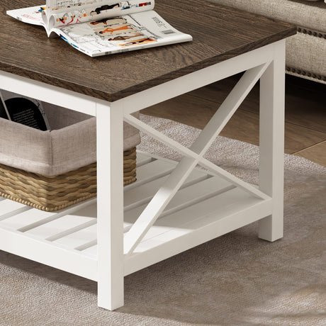 ChooChoo Coffee Table, Rustic Farmhouse Table with Shelf for Living Room, Vintage Finish White ChooChoo