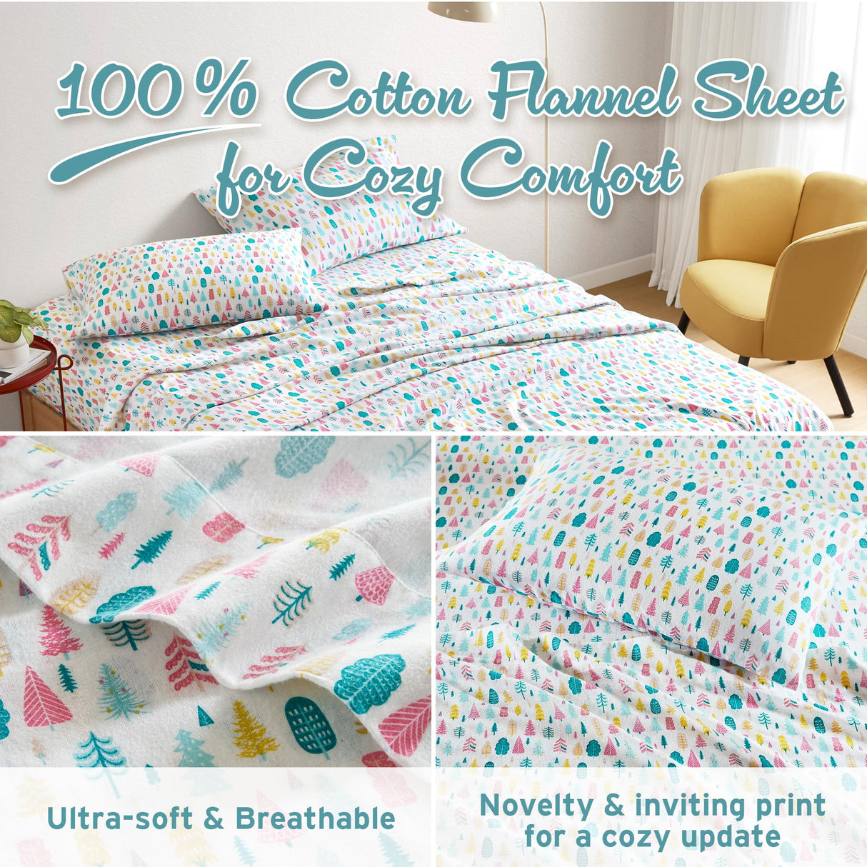 Intelligent Design Cozy Soft 100% Cotton Flannel Sheets, Breathable Festive & Adorable Print Cotton Flannel Sheet Set, Deep Pocket Sheet Fits Up to 16" Mattress, Queen White Holiday Trees 4 Piece Intelligent Design