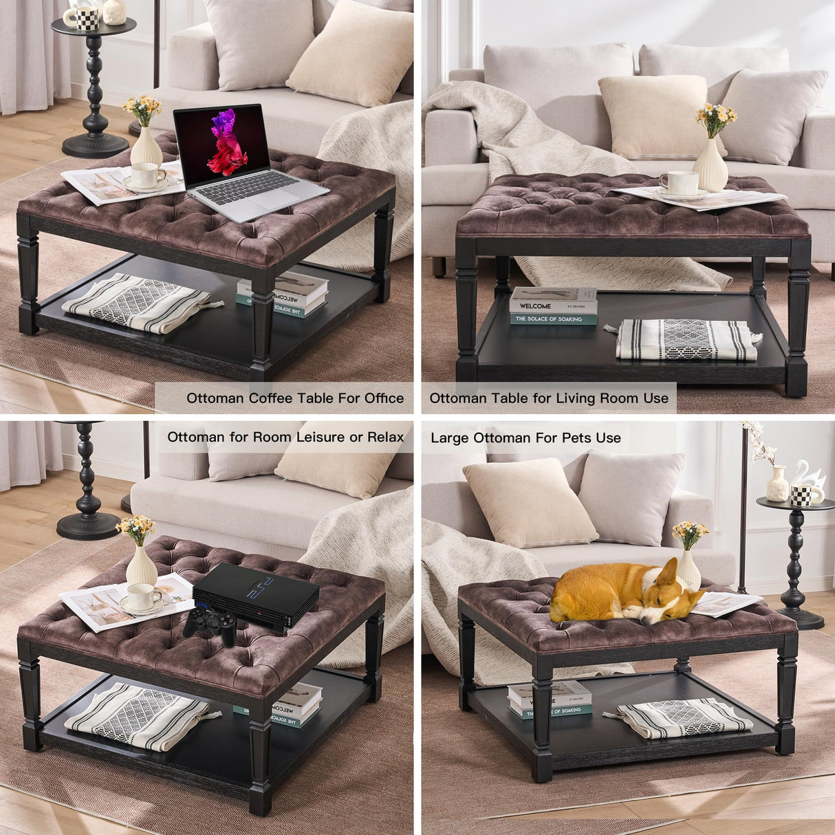 Polarisys Storage Ottoman Bench, 35 Inch Ottomans with Storage, Coffee Table Ottomans for Living Room Large Ottoman Bench Square Coffee Table with Wooden Shelf Brown Polarisys