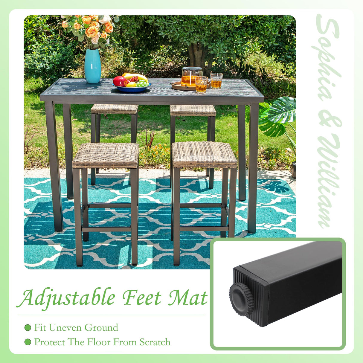 Sophia & William 37" Tall Patio Outdoor Bar Table, Metal Counter Height Dining Table with Wood Grain Tabletop, Adjustable Feet Mats, Rectangular Bistro Table with E-Coating for Porch Yard Lawn Sophia & William