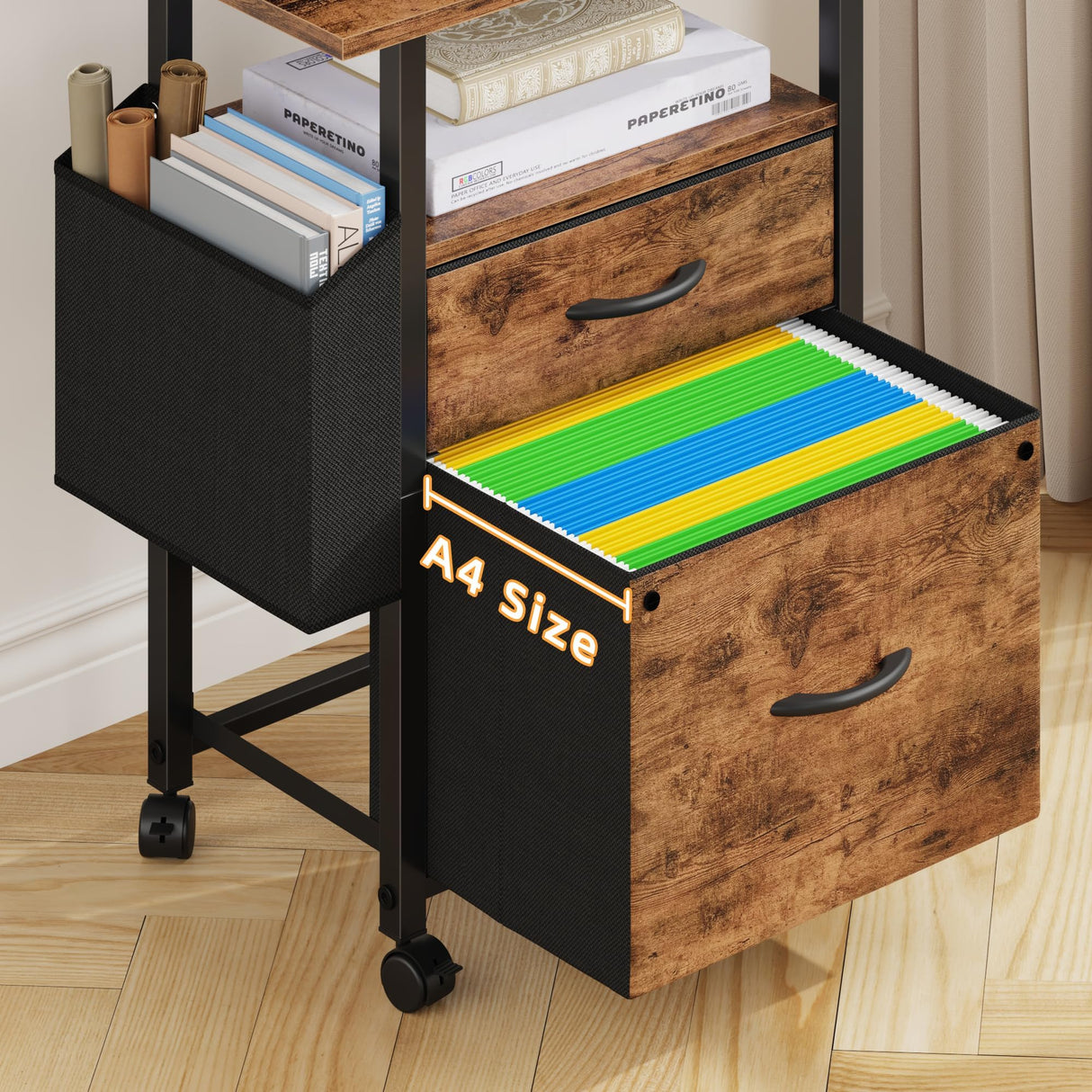 GYIIYUO 2 Drawer File Cabinet with 24'' Extended Desktop, Mobile Filing Cabinet, Rolling File Cabinet with Side Bag, Fabric Drawer, Fits A4/Letter Size, Printer Stand Home Office, Light Brown GYIIYUO