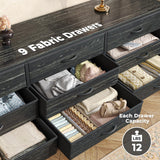Huuger 9 Drawer Dresser, 63 Inch Dresser TV Stand for 55, 65, 70 Inch TV, Entertainment Center with Drawers, Large Long Fabric Dresser for Bedroom, Closet, Charcoal Black Wood Grain Print,8730D Huuger