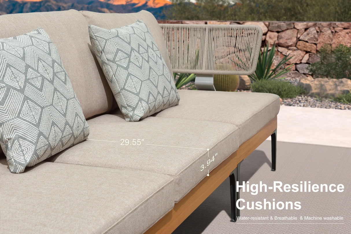 PURPLE LEAF 7 Pieces Patio Furniture Set with Daybed Tables Outdoor Wicker Sectional Conversation Sets Modern Aluminum L Shaped Sofa for Balcony Yard Garden Poolside, Cushions and Pillows Included PURPLE LEAF