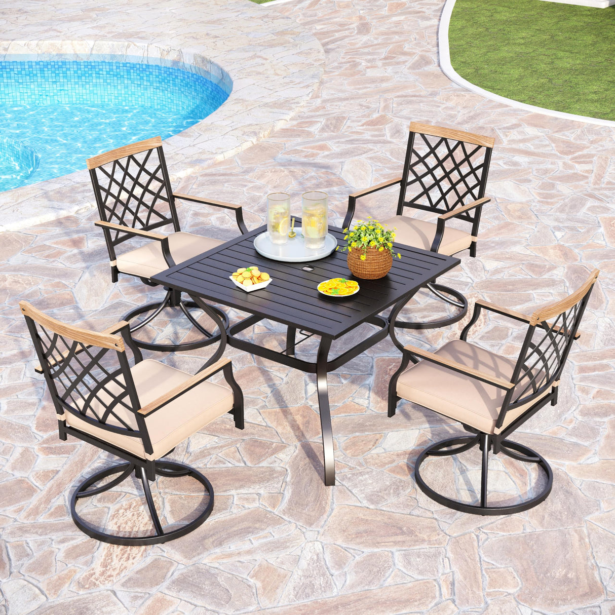 PHI VILLA 5-Piece Outdoor Dining Set, 4 Steel Metal Swivel Patio Chairs & 1 Square Dining Table, Wood-Like Pattern Armrest PHI VILLA