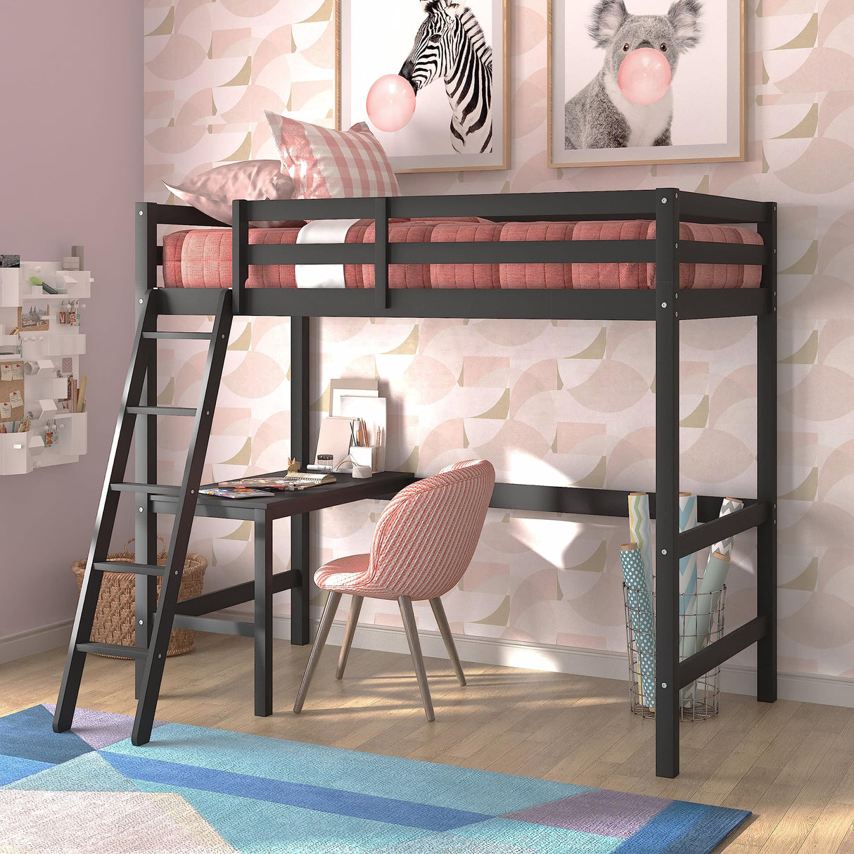 Hillsdale Caspian Black Solid Wood Twin Loft Bed with Built-In Desk for Kids Hillsdale