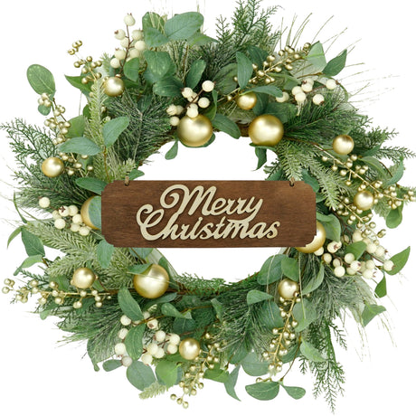 WreathDream 20 inch Artificial Christmas Wreath Winter Wreath for Front Door with Champagne Gold Berry,Christmas Balls for Front Door Farmhouse Indoor Outdoor Holiday Home Decor WreathDream
