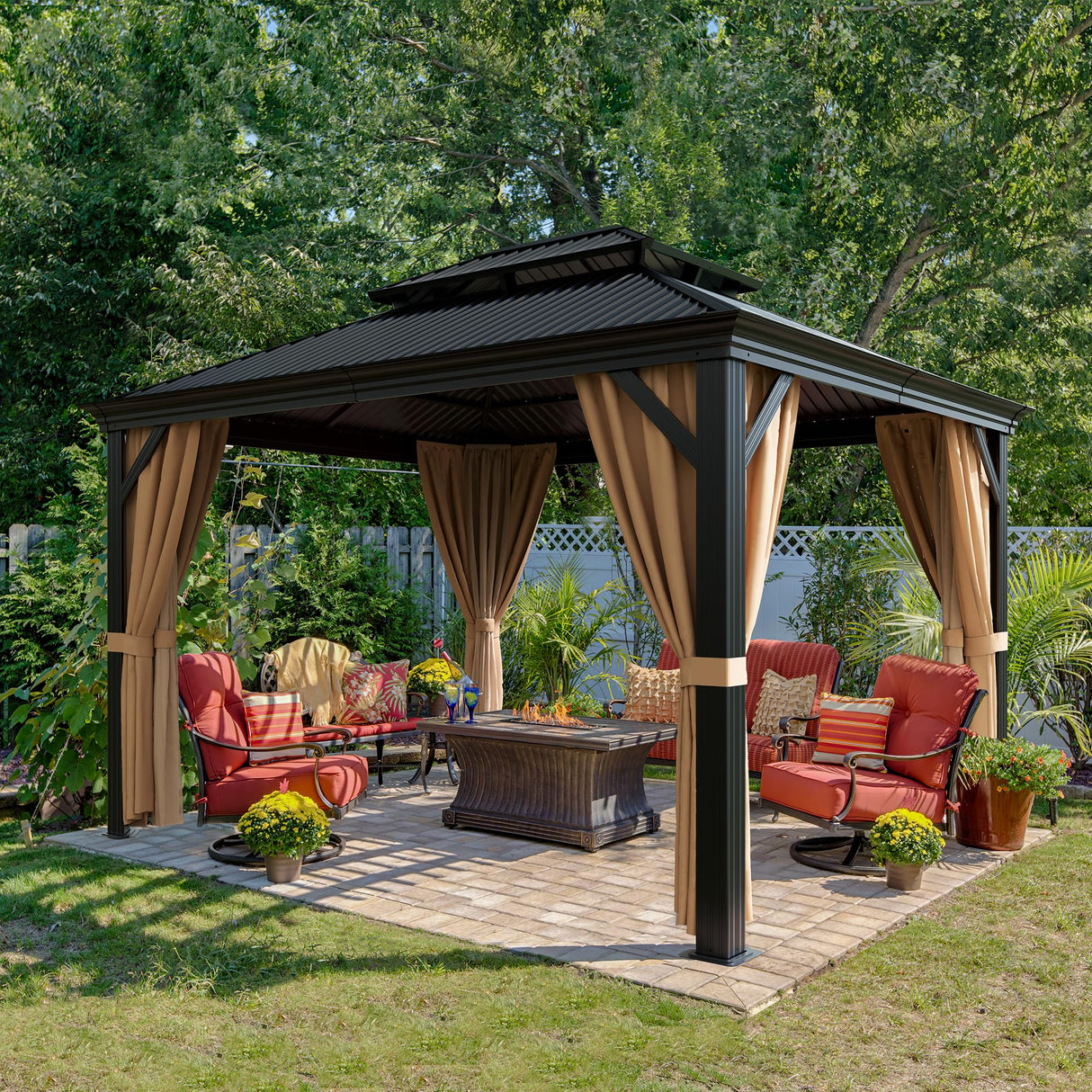 Flamaker Hardtop Gazebo 10' x 12' Aluminum Frame Outdoor Gazebo with Privacy Curtains and Gauze Mesh Sunshade Pavilion Double Roof Canopy for Patio, Lawn, Deck, Poolside Flamaker