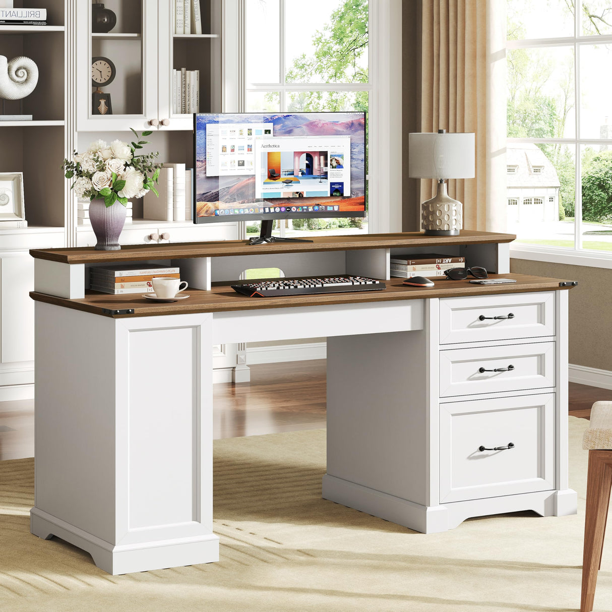 RALGEND 55'' Farmhouse Executive Desk with Drawers, Computer Desk with File Cabinet and Side Bookshelf, Writing Gaming Desk with Monitor Stand & Charging Station, White and Walnut RALGEND