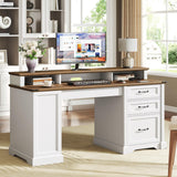 RALGEND 55'' Farmhouse Executive Desk with Drawers, Computer Desk with File Cabinet and Side Bookshelf, Writing Gaming Desk with Monitor Stand & Charging Station, White and Walnut RALGEND