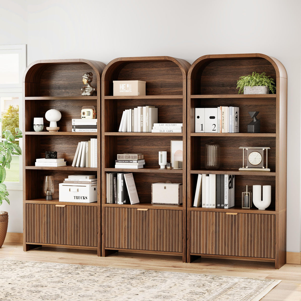 LEVNARY Arched Bookcase with Drawer, 70" Tall 5-Tier Bookshelf with Fluted Carved Drawer, Freestanding Display Storage Cabinet for Living Room Bedroom Home Office (Walnut) LEVNARY