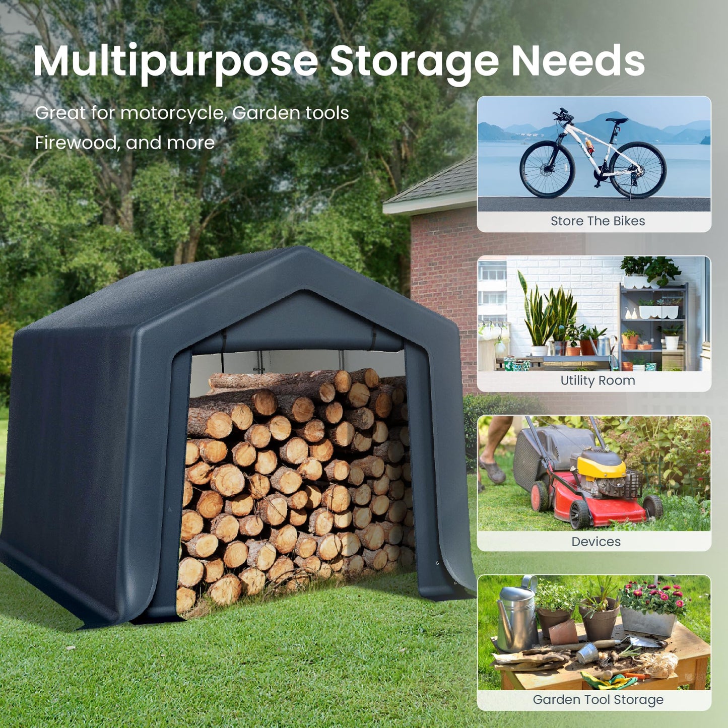 PHI VILLA 8'x12'x7.3' Outdoor Portable Storage Shelter Shed Garage with 2 Roll up Zipper Doors & Vents Carport for Motorcycle Bike Waterproof and UV Resistant Anti-Snow Portable Garage Kit Tent, Gray