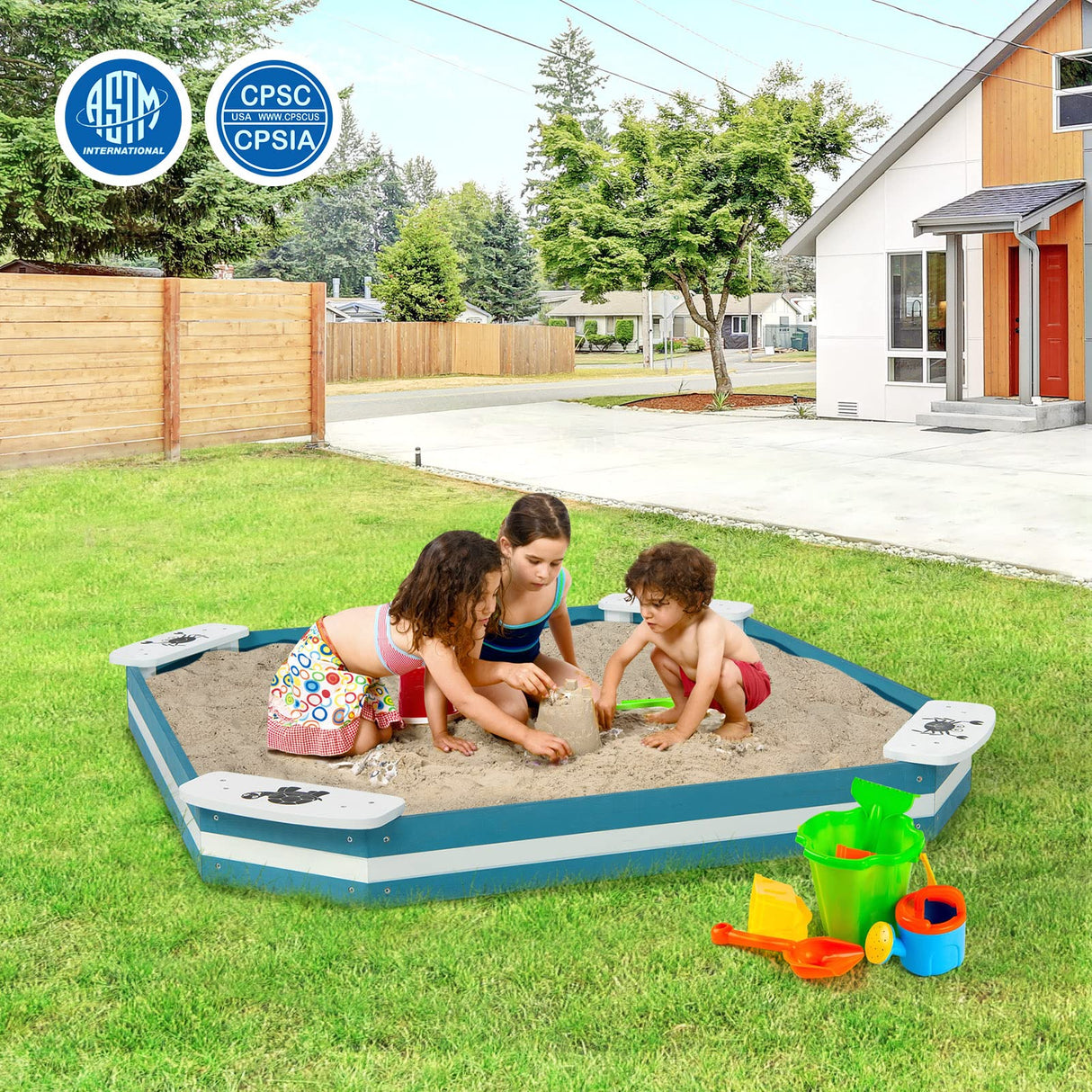 HONEY JOY Kids Sandbox, Cedar Bottomless Sand Pit for Backyard Deck Patio Lawn, 4 Corner Seats with Pattern, Square Wood Sand Boxes for Kids Outdoor, Gift for Boys Girls 3+, Navy Blue HONEY JOY
