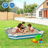 HONEY JOY Kids Sandbox, Cedar Bottomless Sand Pit for Backyard Deck Patio Lawn, 4 Corner Seats with Pattern, Square Wood Sand Boxes for Kids Outdoor, Gift for Boys Girls 3+, Navy Blue HONEY JOY