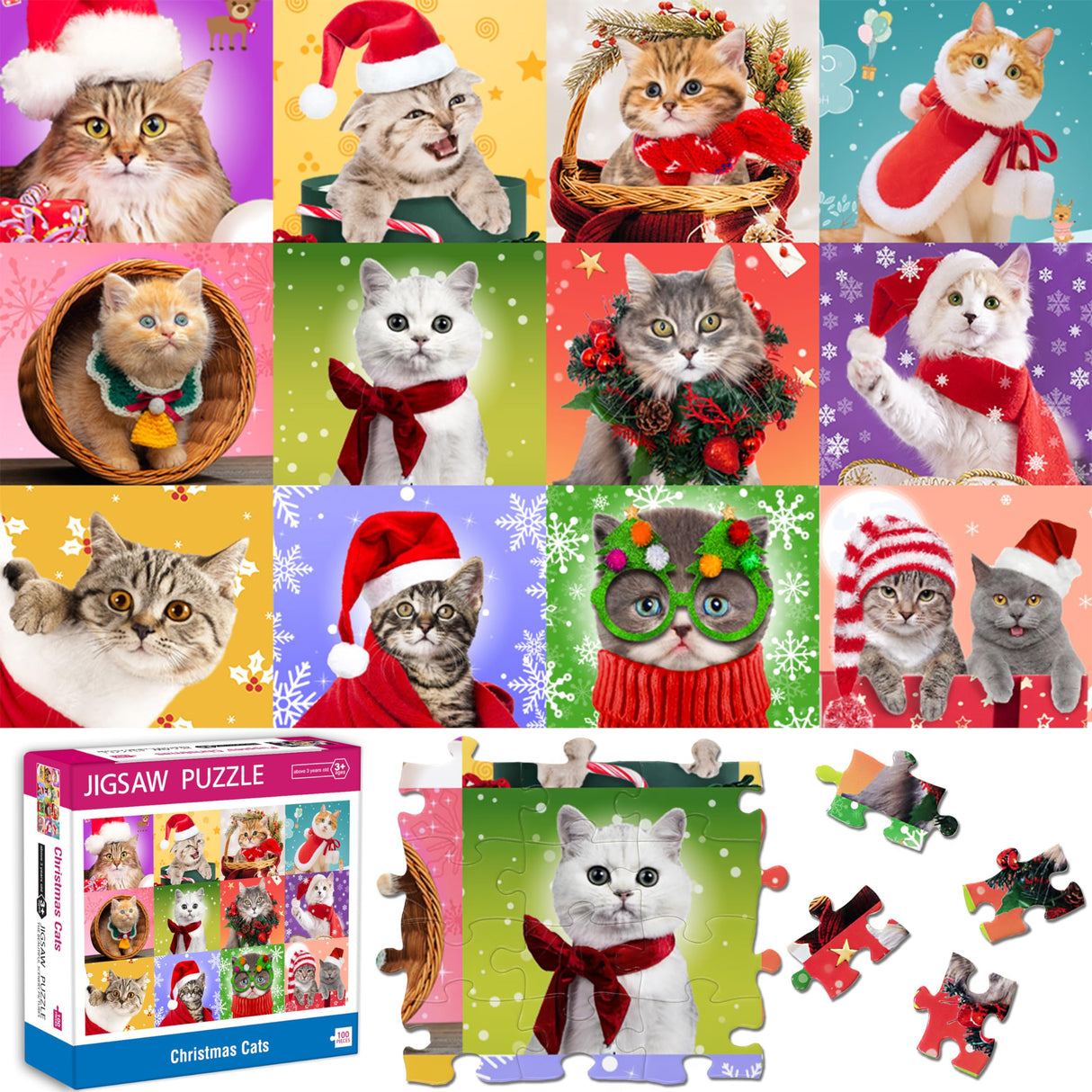 Bestbase Christmas Puzzle 100 Piece Puzzles for Kids - Christmas Cats, Multicolor Jigsaw Puzzles for Kids Ages 4-8 3-5 8-10, Stocking Stuffers Christmas Toys Cat Puzzle Kids Puzzles for Girls and Boys Bestbase