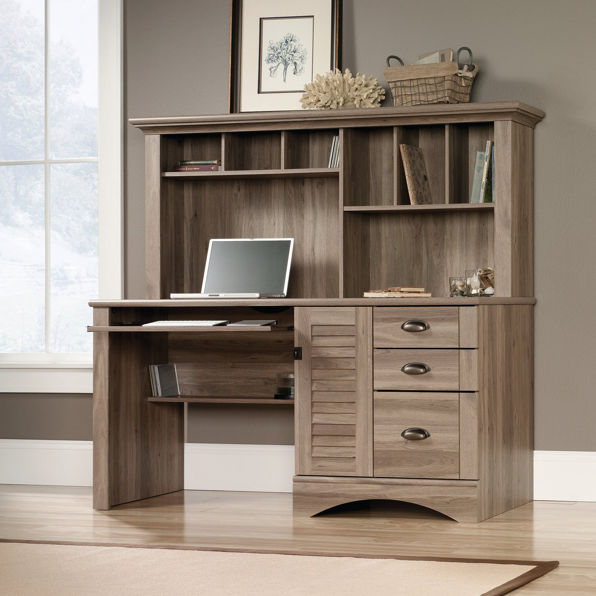 Sauder Harbor View Desk W/hutch, L: 62.13" x W: 23.39" x H: 57.52", Salt Oak Finish Sauder