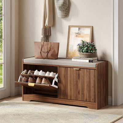 Maupvit Fluted Shoe Bench with Storage, Narrow Wooden Entryway Bench with Removable Cushion & 2 Flip-Drawers, Shoe Cabinet Bench, Farmhouse Boho Shoe Rack for Entrance, Hallway, Living Room (Walnut)
