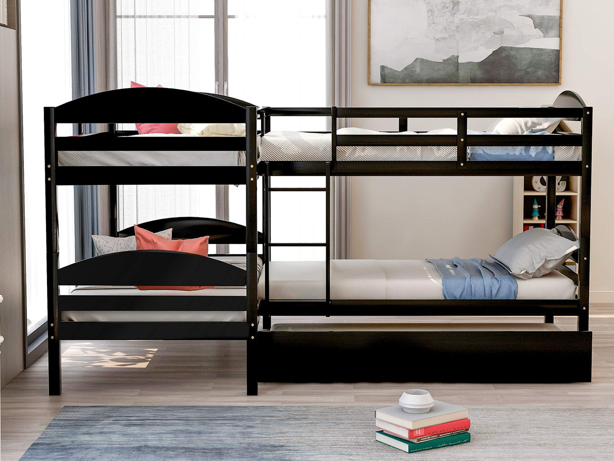 Quad Bunk Bed with Trundle, Twin Over Twin Bunk Bed for Kids, L-Shaped 4 Beds Bunk Bed Frame with Guardrails Corner Bunk Beds No Box Spring Needed (Espresso, L Shaped Bunk Bed) Harper & Bright Designs