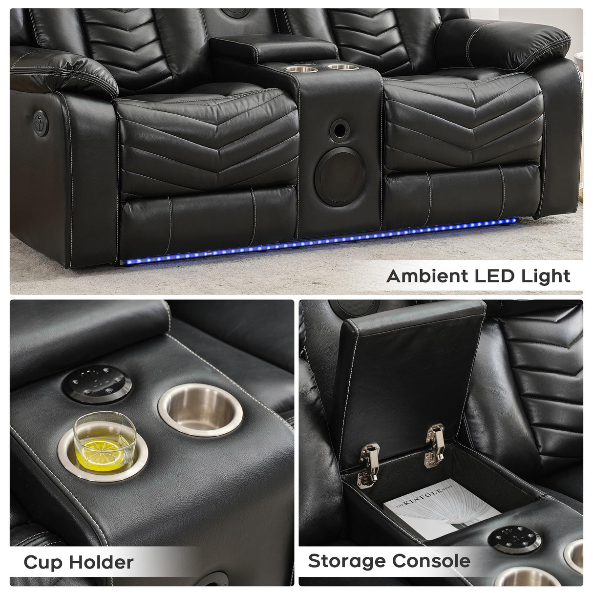 Power Recliner Sofa Set 5-Seater with Zero Gravity,Bass Speaker,Wireless Charger,USB/Type-C Ports,LED Lights,Cup Holders,Faux Leather Electric Reclining Loveseat Couch Recliner Sets,2 Piece,Black Comfort Stretch