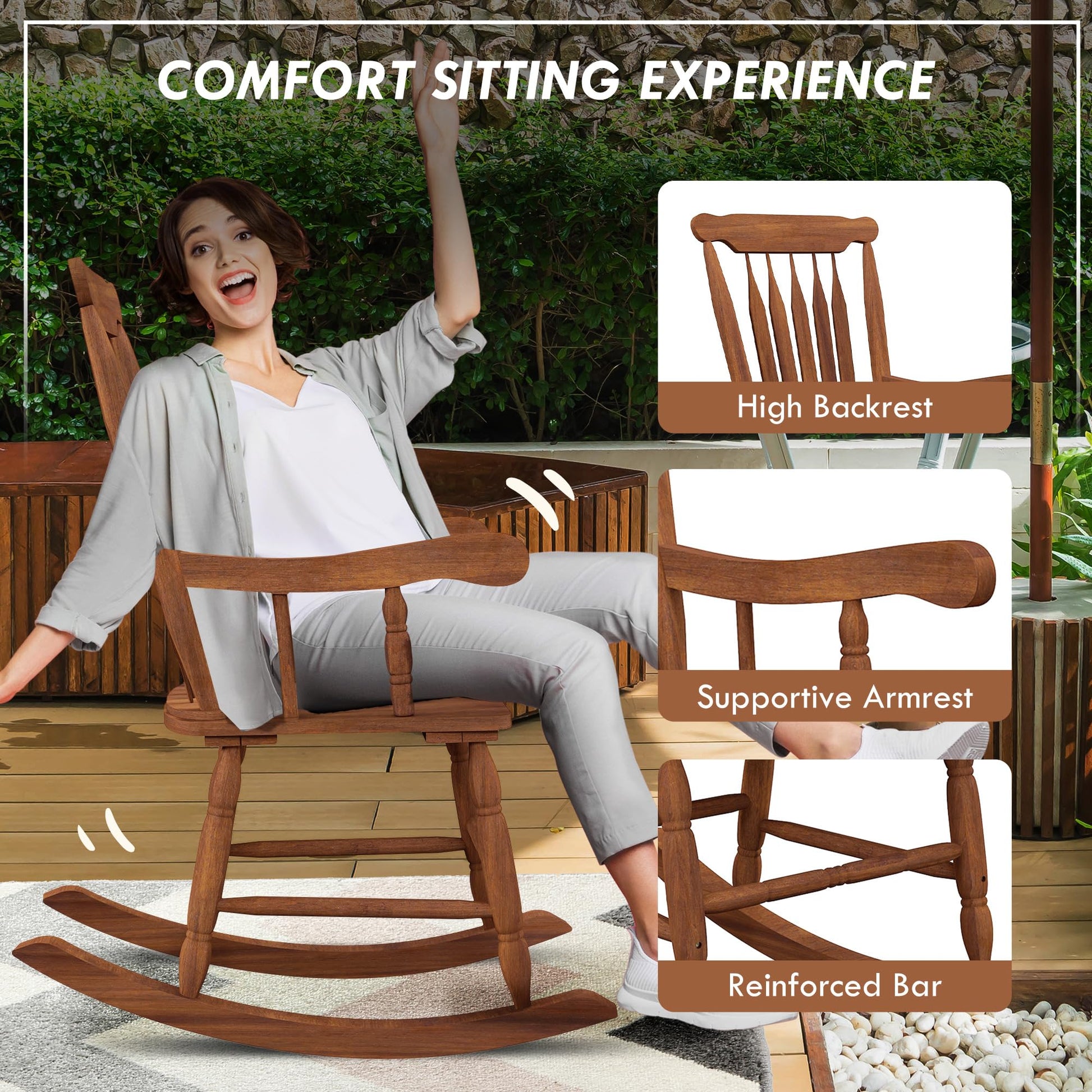 Outsunny Outdoor Wood Rocking Chair, 350 lbs. Porch Rocker with High Back for Garden, Patio, Balcony, Teak - WoodArtSupply