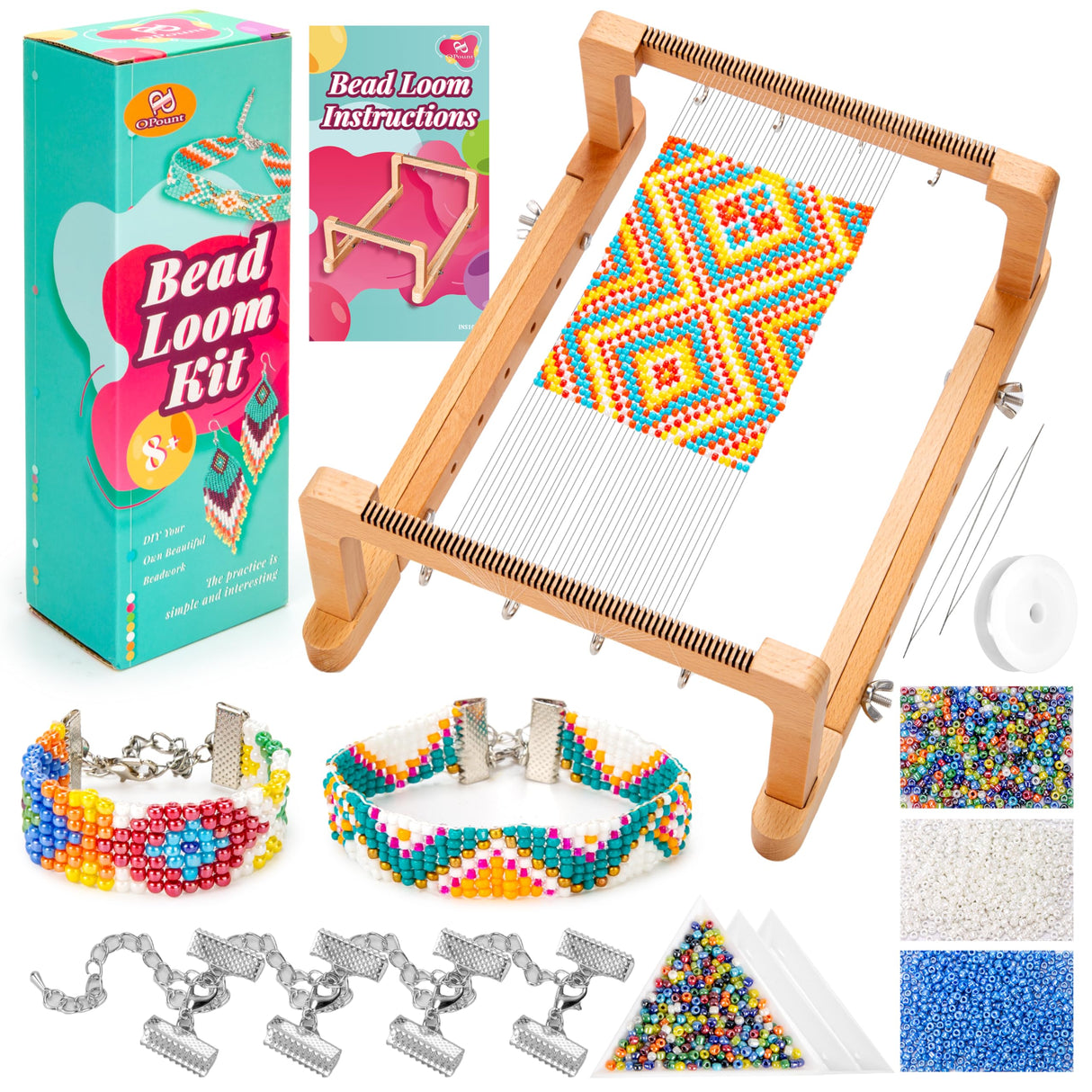 PP OPOUNT Adjustable Bead Loom Kit, Wood Loom Beading Supplies with Detailed Instructions, Practical Jewelry Making Accessories, Beading Loom Kits for Adults Jewelry Making Bracelets Belts PP OPOUNT