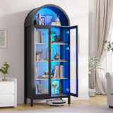 HWB Arched Curio Display Cabinet with Glass Doors, 5-Tier Glass Display Storage Pantry Cabinet with 3 Color LED Lights, Human Sensor, Black HWB