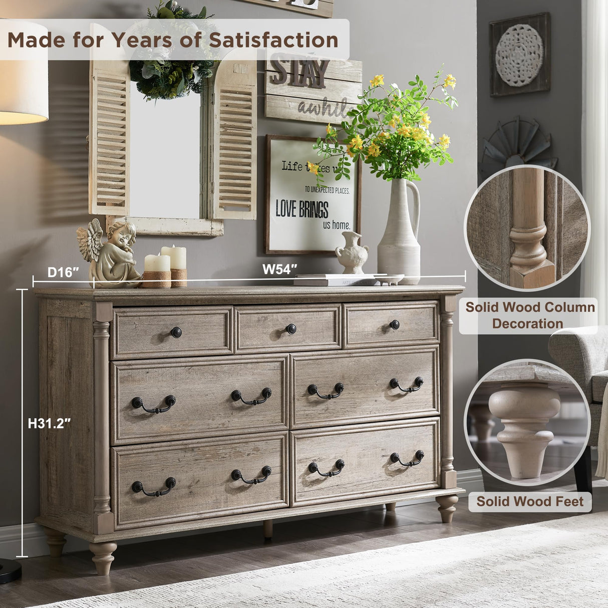 T4TREAM Farmhouse 7 Drawers Dresser Chests for Bedroom w/ 4 Solid Wood Feet & Column Decor, Tall Wide Wood Country Rustic Chest of Drawers, Storage Dressers for Bedroom, Living Room, Light Rustic Oak T4TREAM