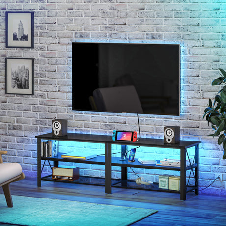 Clikuutory Modern Black 63 inch Metal TV Stand with LED Lights and Power Outlets for 40 50 55 60 65 70 Inch TVs, 3 Tier Television Stands with Entertainment Center and Storage for Living Room, Bedroom Clikuutory