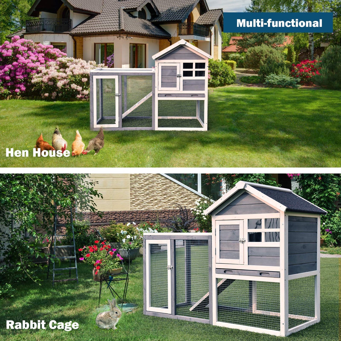 Tangkula Rabbit Hutch, Indoor Outdoor Bunny Cage with Run, Wooden Rabbit Cage with Waterproof Roof & Pull Out Tray, Chicken Coop Pet House for Rabbits, Chicken and Guinea Pigs (Gray)