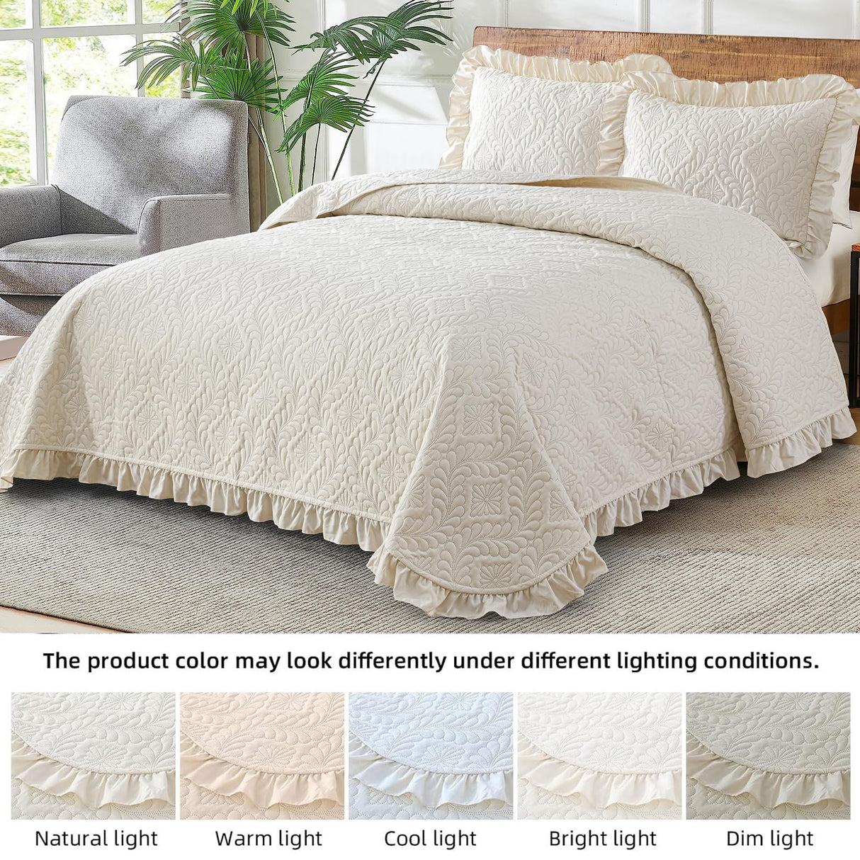 DJY Queen Quilt Bedding Set Size, Beige Ruffled Lightweight Soft Bedspreads Queen Size Coverlet, Basket Weave Quilted Blanket Thin Quilt Bed Cover for All Season - 3 Piece (1Quilt, 2 Pillow Shams) DJY