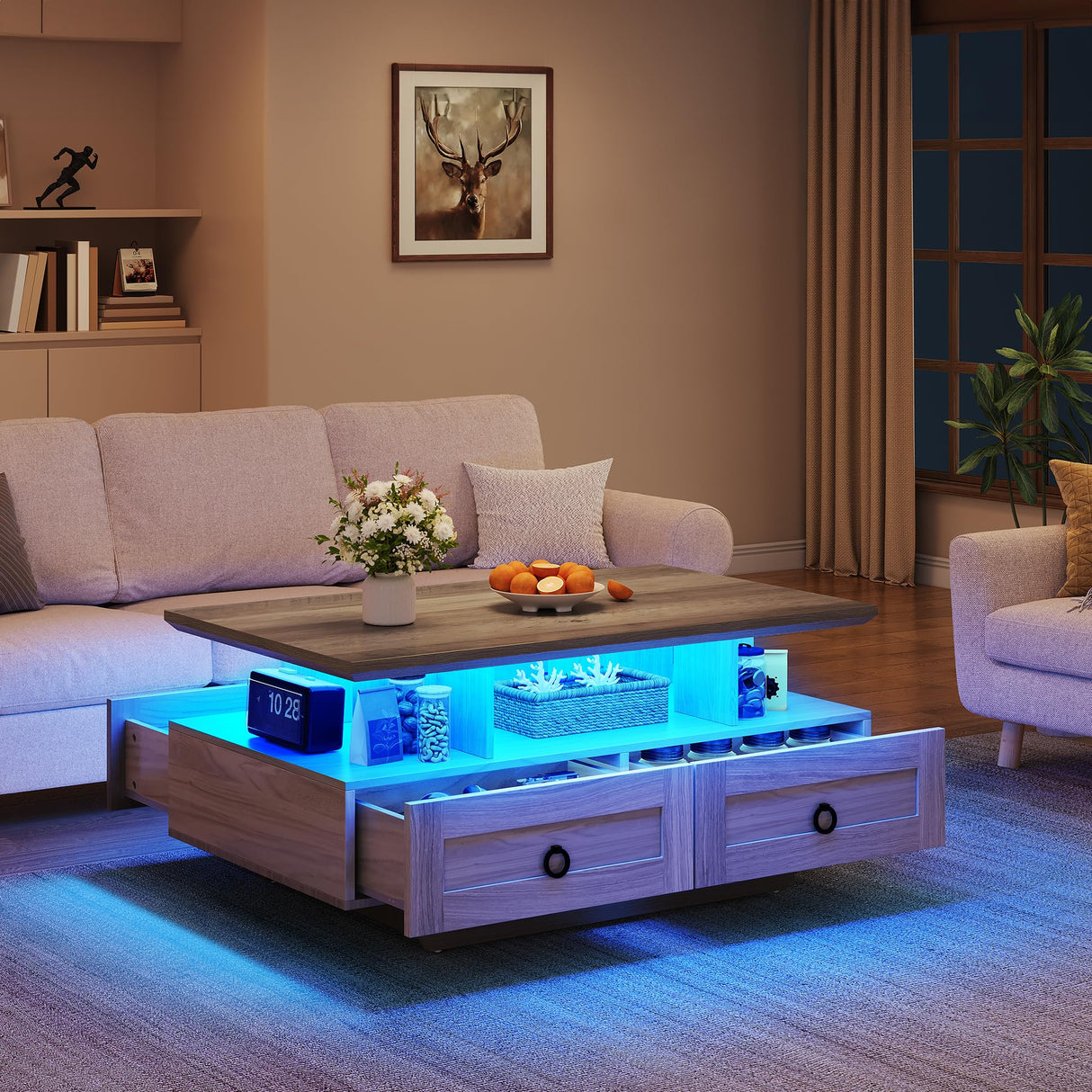 YITAHOME Farmhouse LED Coffee Table with Storage 4 Drawers, Wood Coffee Tables for Living Room, 2 Tiers Open Display Area with Metal Chic Handles, Industrial Cocktail Center Table, Brown and Oak YITAHOME