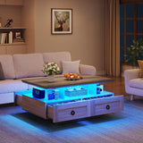 YITAHOME Farmhouse LED Coffee Table with Storage 4 Drawers, Wood Coffee Tables for Living Room, 2 Tiers Open Display Area with Metal Chic Handles, Industrial Cocktail Center Table, Brown and Oak YITAHOME