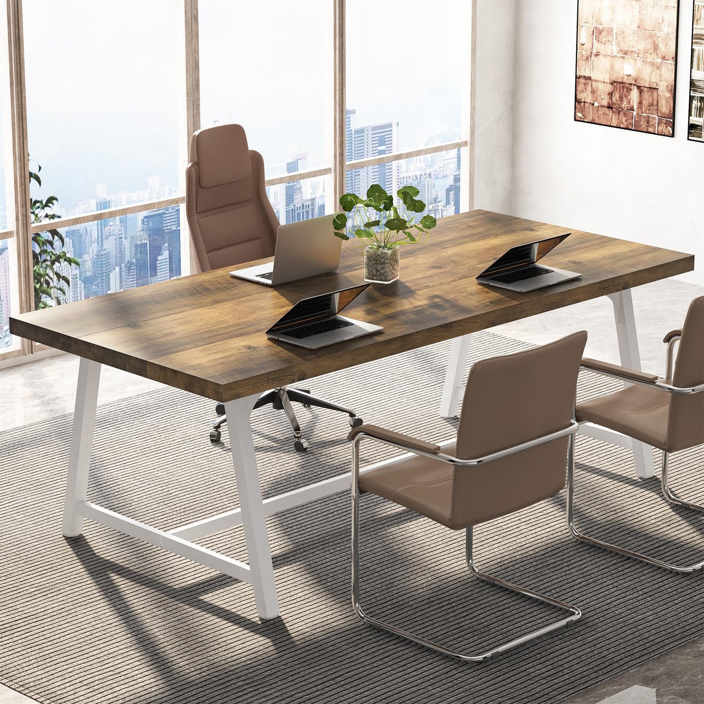 Tribesigns 6FT Rectangle Conference Table, 70.87L x 33.46W x 29.92H Inches Meeting Table for Conference Room, Vintage Wood Office Executive Desk with Strong Metal Frame for 6 People (Oak) - WoodArtSupply