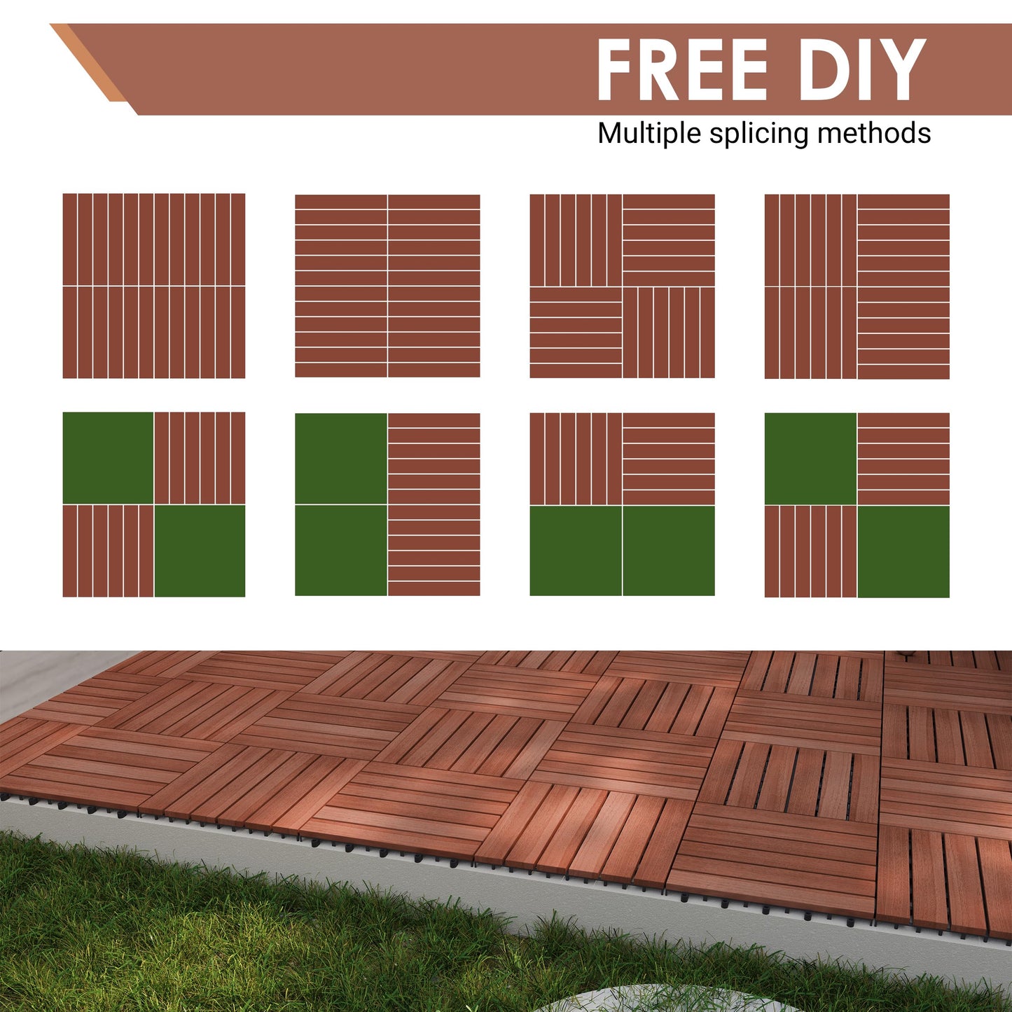 PrimeZone 27 PCS FSC Certified Acacia Wood Interlocking Patio Deck Tiles - 12" x 12" Indoor Outdoor Waterproof Flooring Tiles for Balcony, Backyard, Garden & Poolside, All Weather Use, Brown