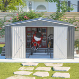 YOPTO 12x14FT Outdoor Storage Shed Metal Shed W/Floor Frame,Garden Tool House W/ 4 Air Vents,Lockable Double Doors & Sloped Roof,for Patio,Lawn,Backyard,Light Gray YOPTO