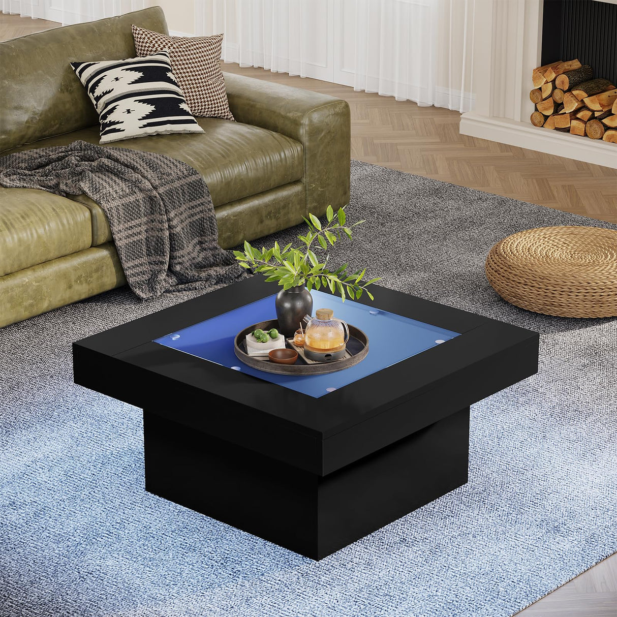 Square Coffee Table with LED Lights, 35.4" Coffee Tables for Living Room, Tempered Glass-top Coffee Table, Black Modern Center Table, Engineered Wood Low Coffee Table for Home Office Gyfimoie