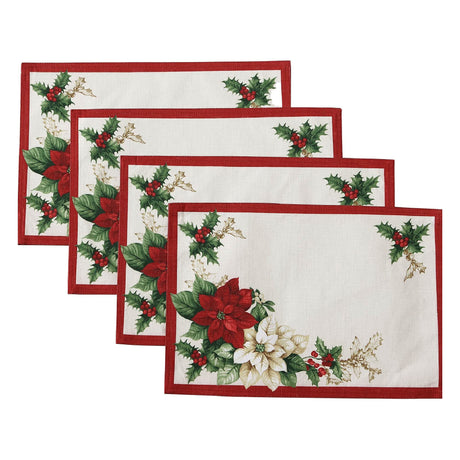 Elrene Home Fashions Red and White Poinsettia Holiday Fabric Placemats, Christmas Mats for Table Decor, 13 Inches x 19 Inches, Set of 4 Elrene