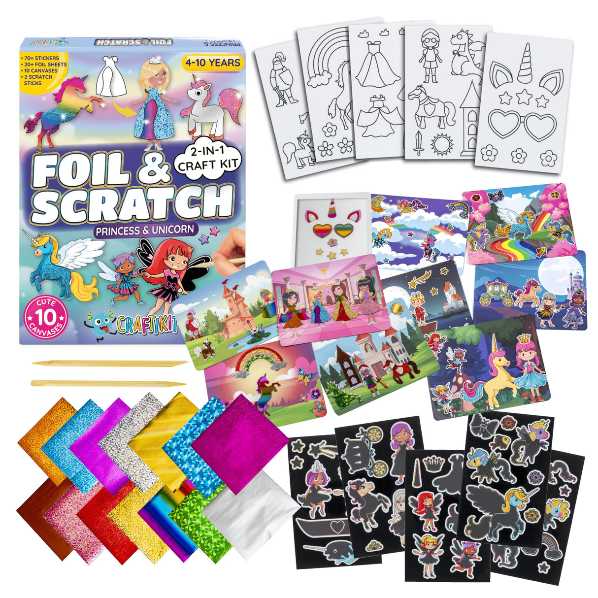Craftikit ® Award-Winning Unicorn and Princess Foil Art & Rainbow Scratch Art for Kids- 2-in-1 Arts and Crafts Kit for Kids Ages 4-10 - Unicorn Crafts for Girls Ages 4, 5, 6, 7, 8, 9, 10 Craftikit