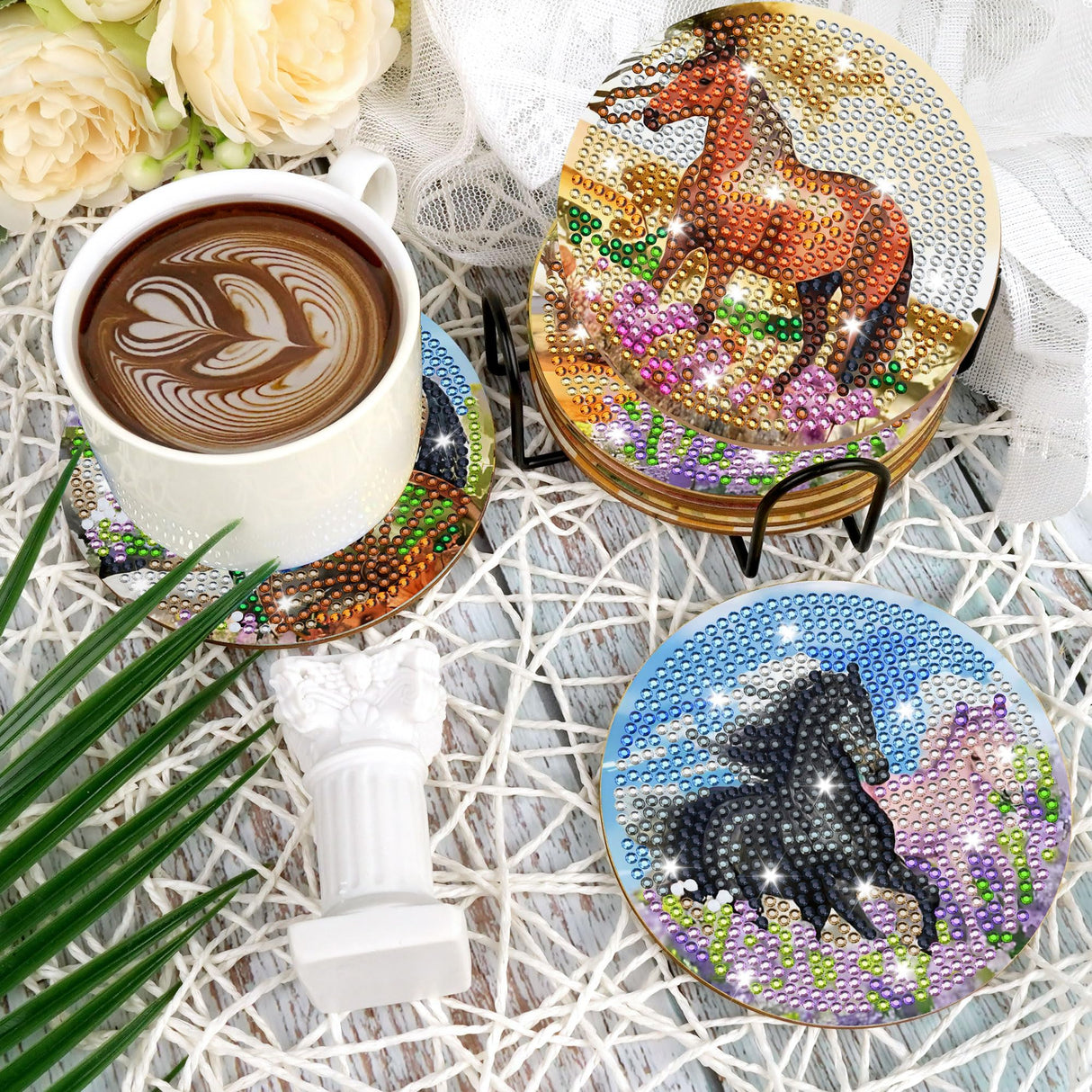 Spring Horse Diamond Art Coasters: 8 Pcs Standing Horse Diamond Painting Coasters with Holder, DIY Crafts Kit for Adults Beginners Home Decor Gifts CRASHOT