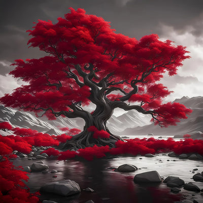 5D Diamond Art Kits for Adults Beginners,Red Leaf Tree DIY Full Round Drill Diamond Painting Kits,Scenery Paint by Diamonds Dots Gem Art Easy,Home Wall Decor 14X14 Inch