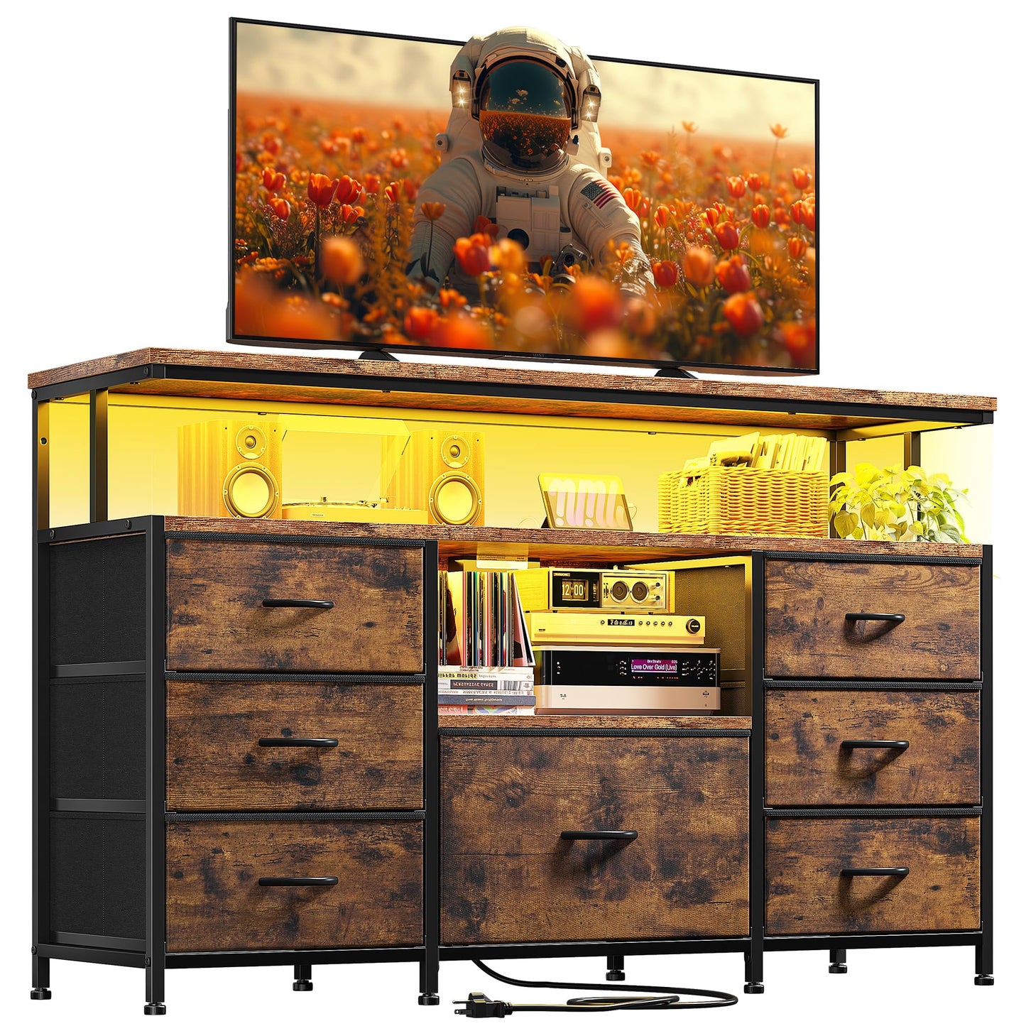 EnHomee Dresser TV Stand for Bedroom with LED Lights & power outlets for 55" TV Stand Dresser for Bedroom Entertainment Center with 7 Fabric Drawers and Wood Shelves for Living Room, Rustic B - WoodArtSupply