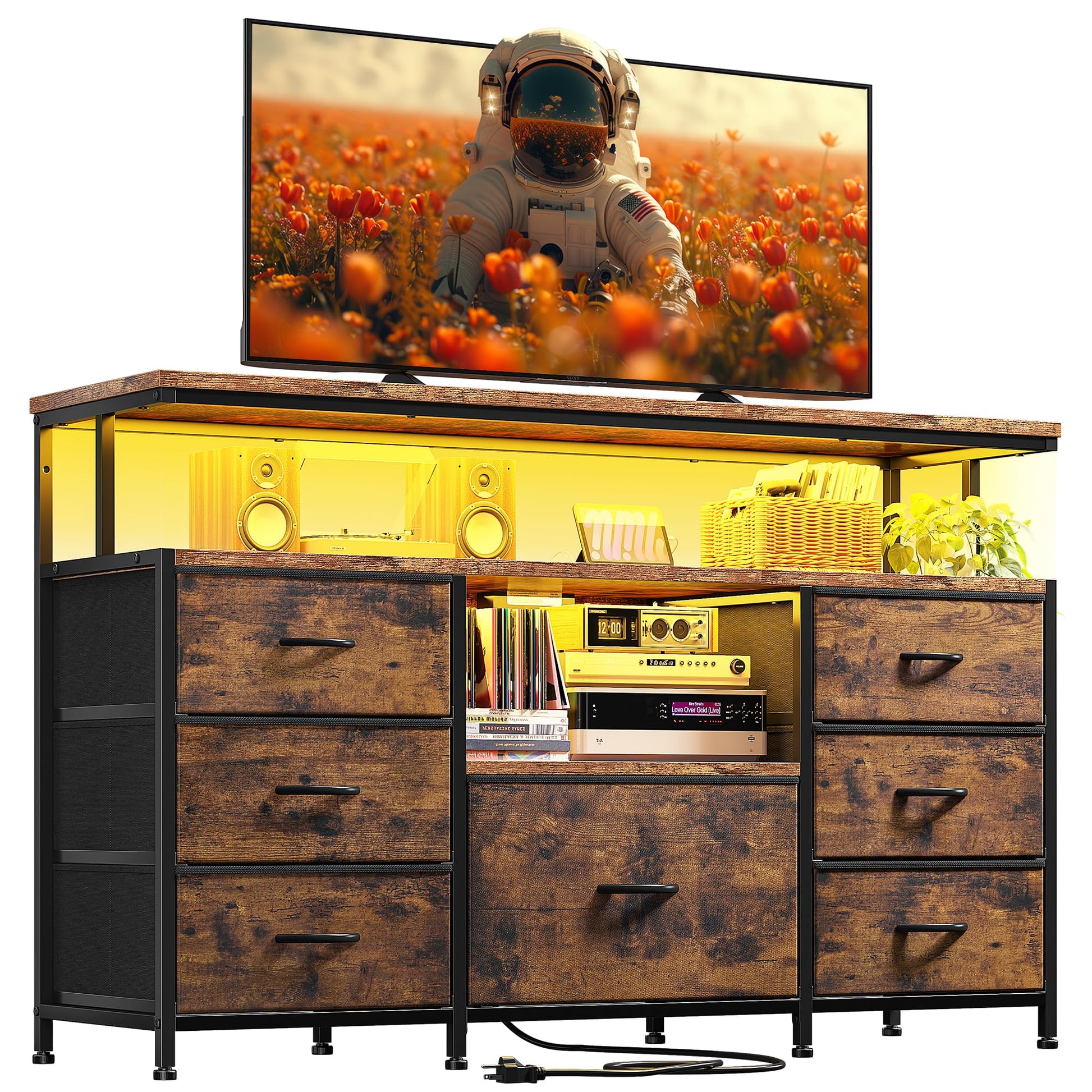 EnHomee Dresser TV Stand for Bedroom with LED Lights & power outlets for 55" TV Stand Dresser for Bedroom Entertainment Center with 7 Fabric Drawers and Wood Shelves for Living Room, Rustic B - WoodArtSupply