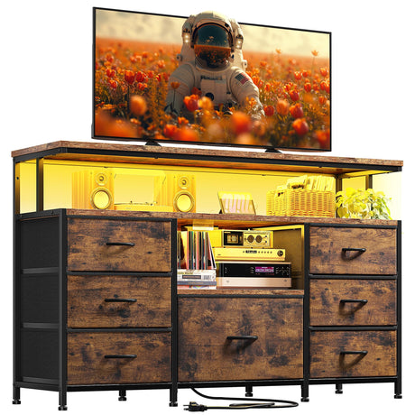 EnHomee Dresser TV Stand for Bedroom with LED Lights & power outlets for 55" TV Stand Dresser for Bedroom Entertainment Center with 7 Fabric Drawers and Wood Shelves for Living Room, Rustic Brown EnHomee