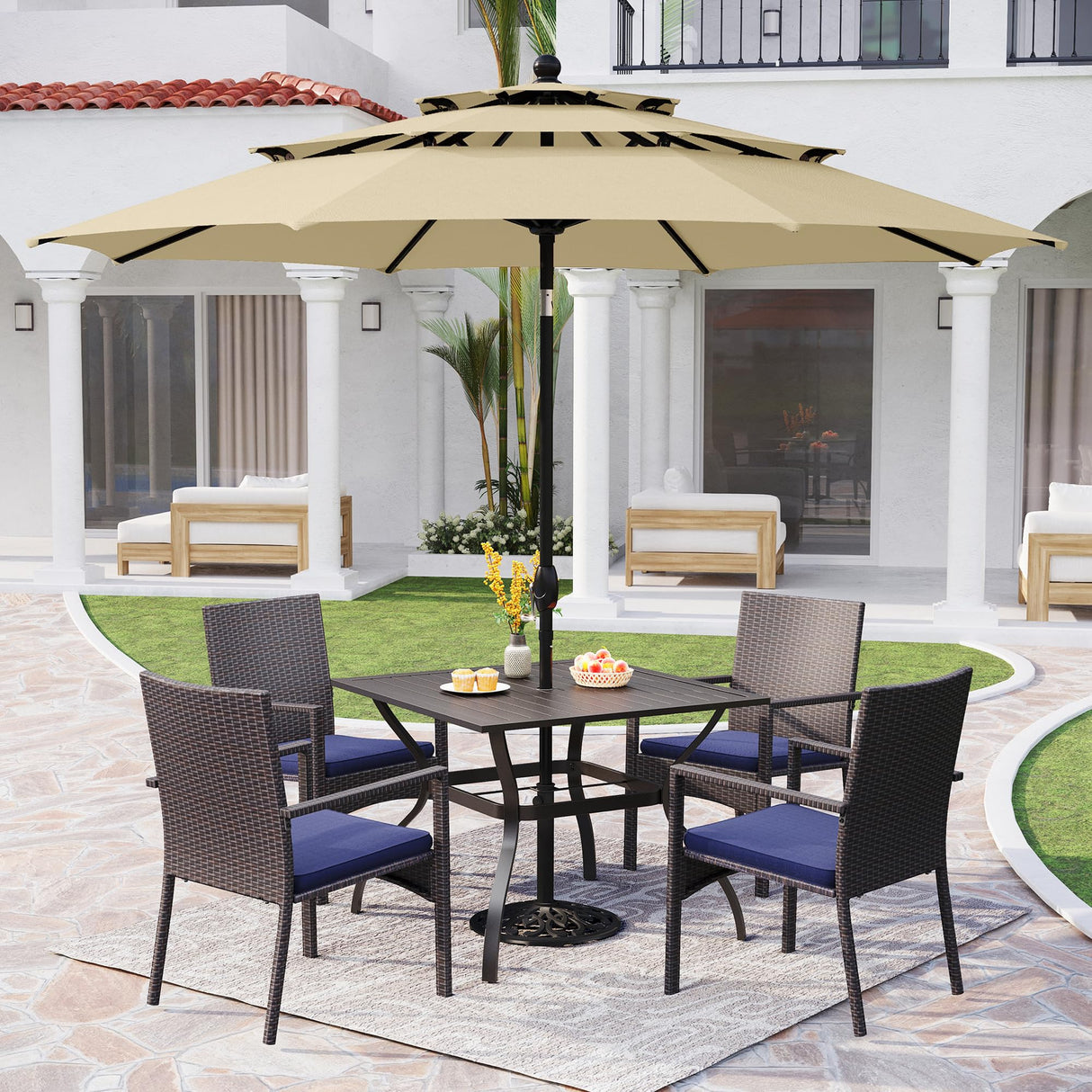 PHI VILLA 5 Piece Outdoor Dining Set with Umbrella, 37" Square Metal Dining Table & 4 Cushioned Wicker Rattan Chairs with 10ft Beige Umbrella for Patio, Deck, Yard, Porch PHI VILLA