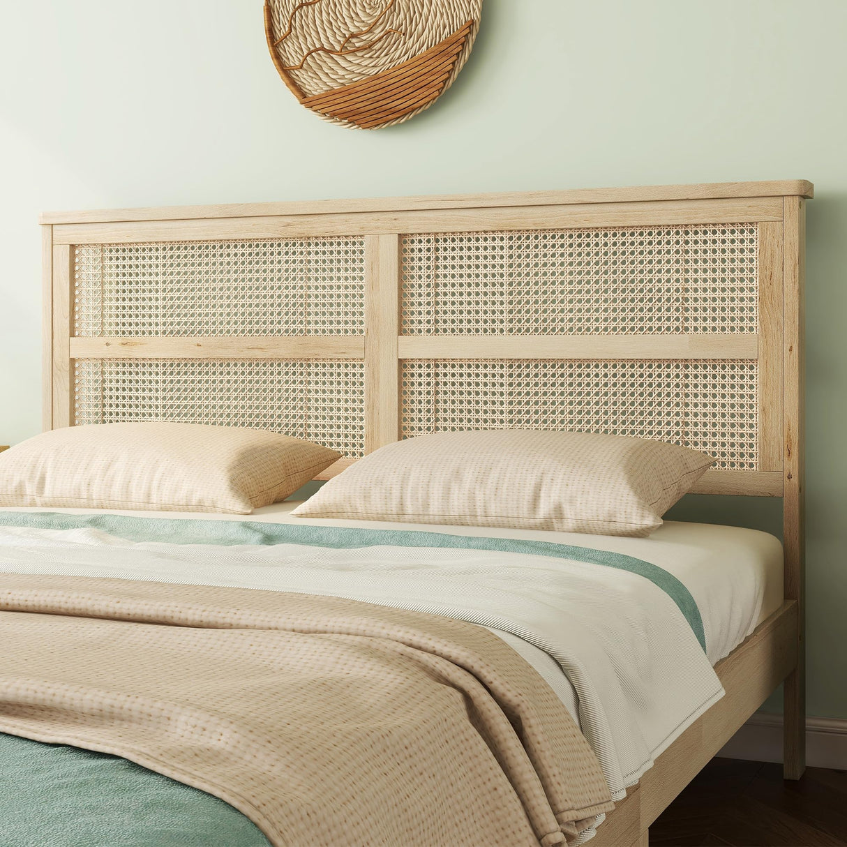 KEIKI Queen Size Rubber Wooden, Solid Wooden Bed with Rattan Headboard, Enhanced by Support Feet KEIKI