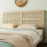 KEIKI Queen Size Rubber Wooden, Solid Wooden Bed with Rattan Headboard, Enhanced by Support Feet KEIKI