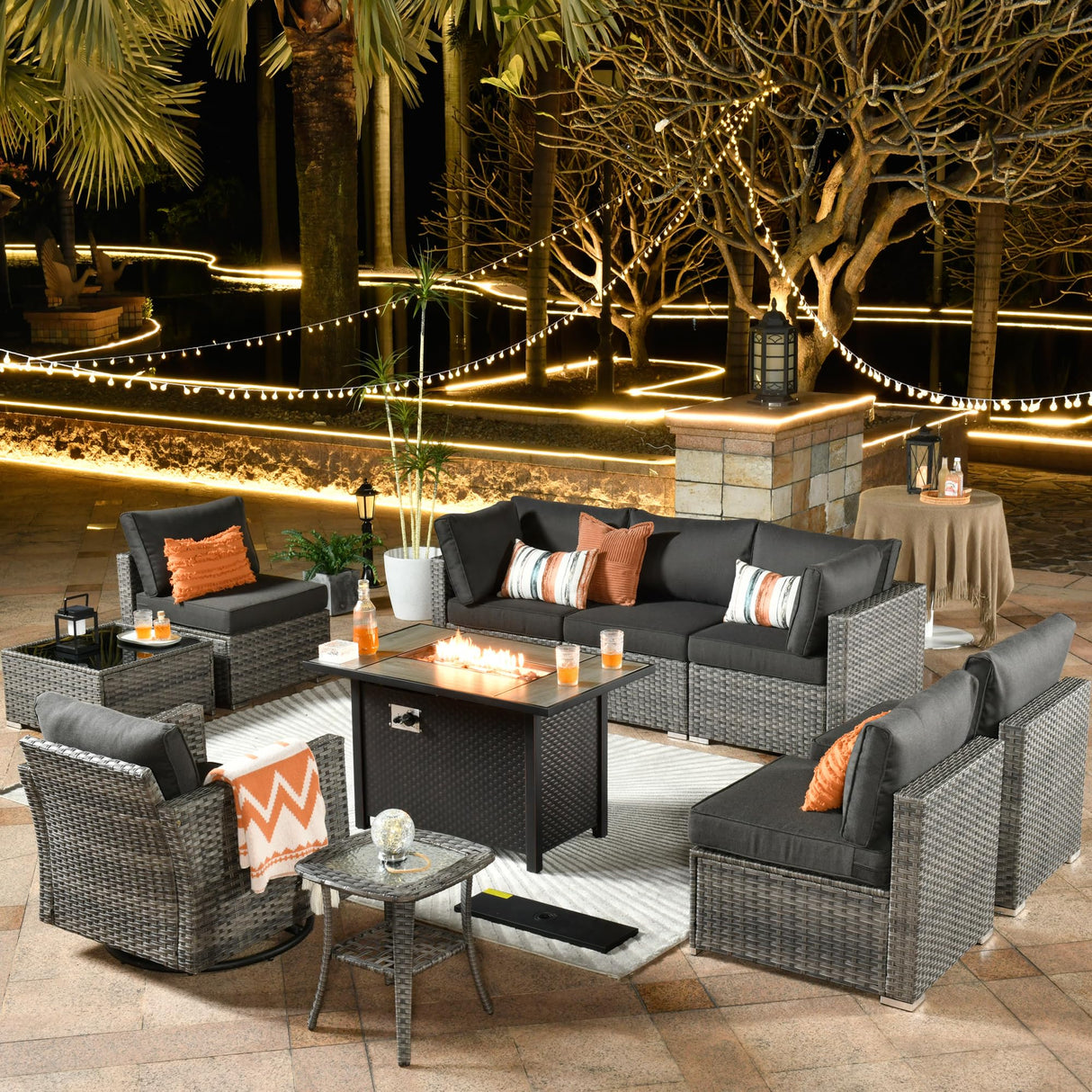 ovios 10 Piece Outdoor Patio Furniture Set with Fire Pit Table,Conversation Sectional Wicker Couch with Swivel Chairs,Modern Outside Sofa for Balcony Backyard, Black ovios