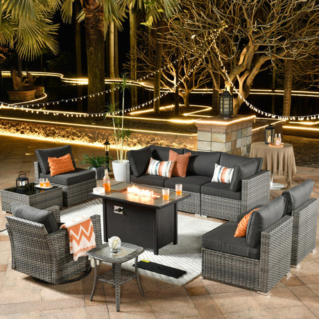 ovios 10 Piece Outdoor Patio Furniture Set with Fire Pit Table,Conversation Sectional Wicker Couch with Swivel Chairs,Modern Outside Sofa for Balcony Backyard, Black ovios